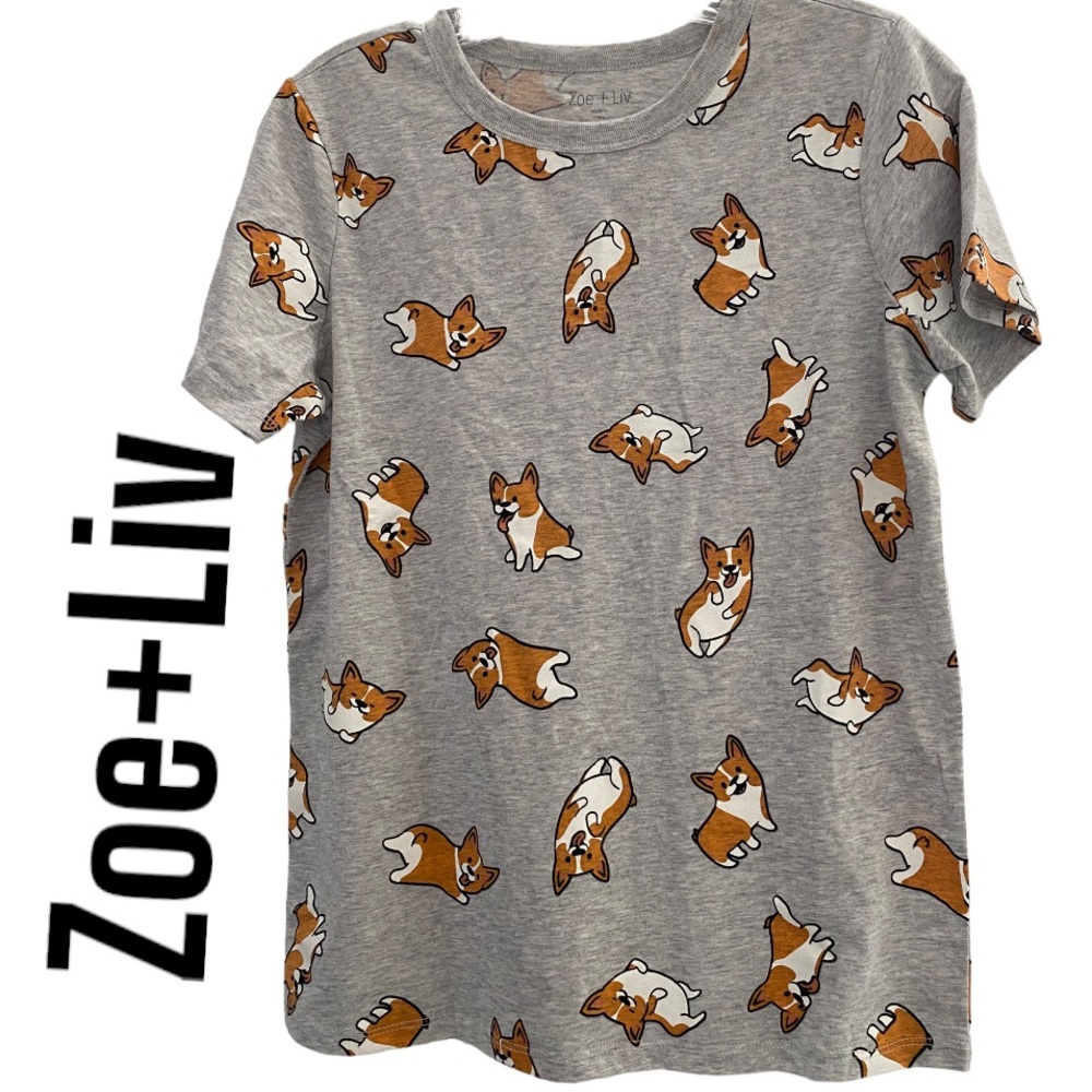 Zoe + Liv short Sleeve Corgi Print Shirt Gray XS